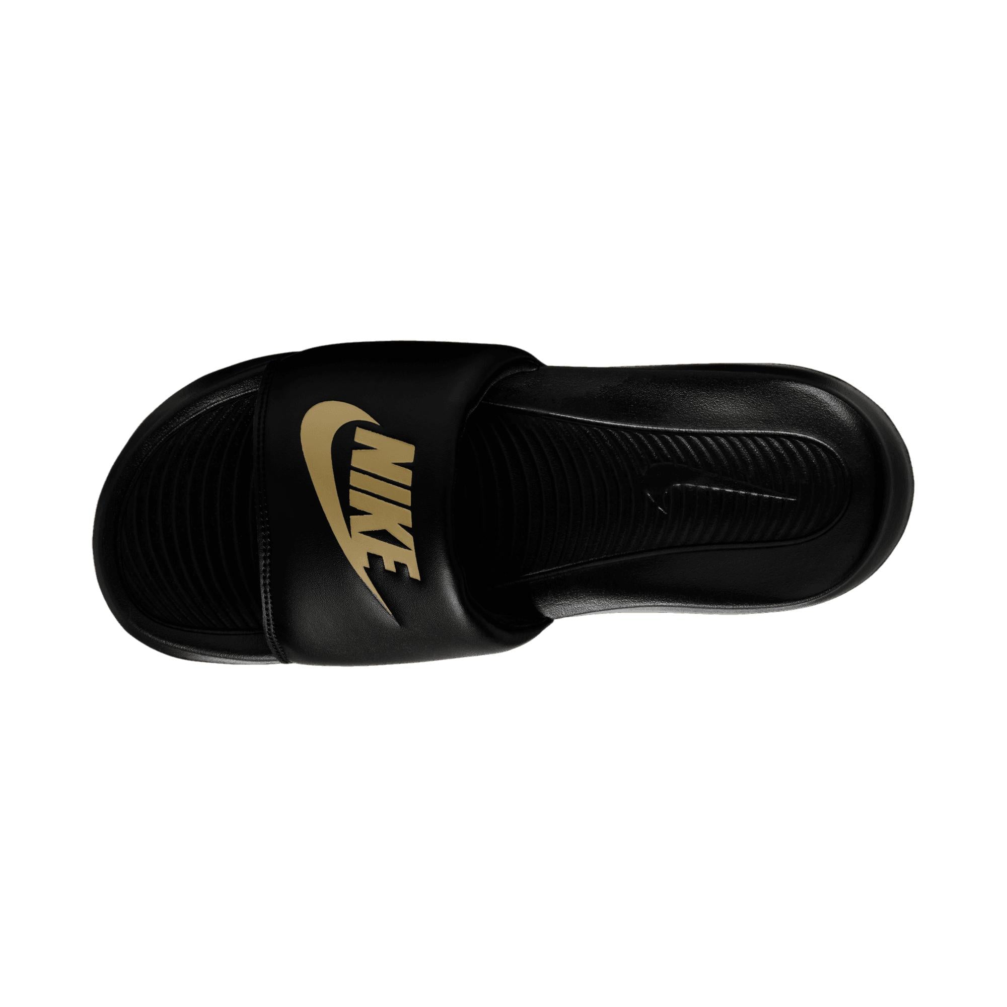 Nike slides black gold hot sale